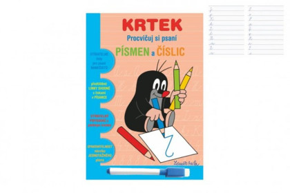 Stierateľný zošit "Precvičuj si písmená a číslice" + stierateľný popisovač - Krtek 1