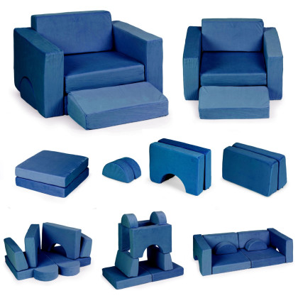 Kreatívna detská pohovka z mäkkých vankúšov - skladací modulárny set 8 dielov - tm. modrá