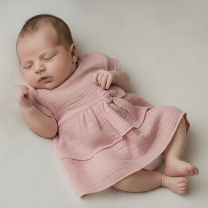 Dojčenské šaty krátky rukáv mušelín Ružová Baby Service