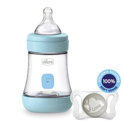 Fľaša dojčenská Perfect 5 silikón 150 ml + Cumlík Physio Micro 0-2m Chlapec