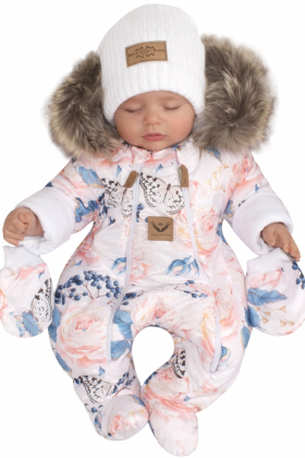 Zimná kombinéza s dvojitým zipsom, kapucňou a kožušinou + rukavičky Angel ružičky Z&Z