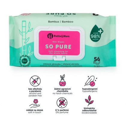 Obrúsky vlhčené SO PURE bambusové Petite&Mars 56 ks