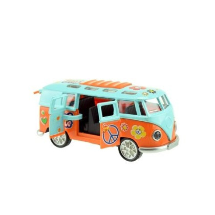 Autobus retro kov/plast 12 cm na batérie so zvukom a so svetlom na spätné natiahnutie