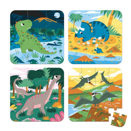 Puzzle v kufríku 4v1 Dinosaury Janod