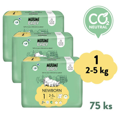 Jednorazové eko plienky 1 Newborn 2-5 kg ​​(75 ks), mesačné balenie Muumi Baby