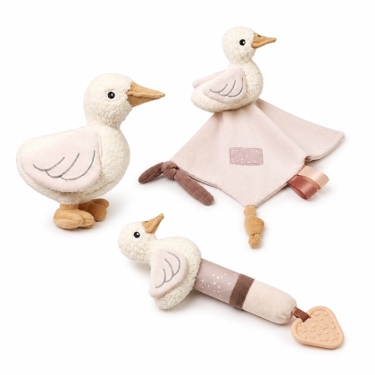 Komplet plyšových hračiek Goose - prítulníček, pískatko s hryzátkom a plyšová hus BabyOno