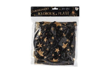 Klobúk čarodejnícky + plášť čierno-zlatý, priemer 38 cm