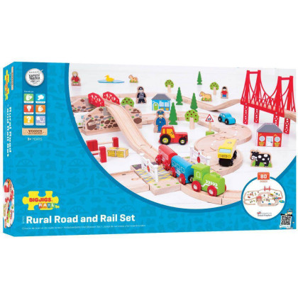 Drevená vláčikodráha s vidieckou cestou 80 dielov Bigjigs Rail