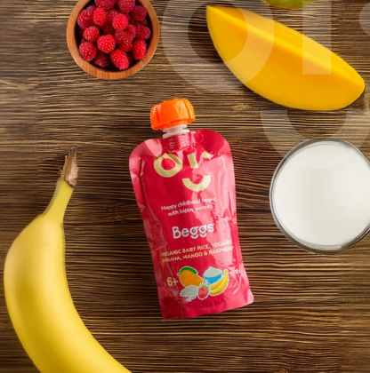 BIO Detská ryža s jogurtom, banánom, mangom a malinami (120 g) 12 ks Beggs