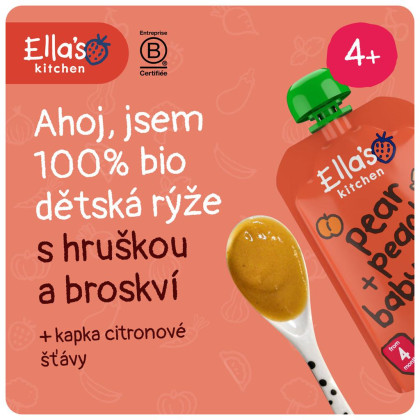 BIO Detská ryža, hruška a broskyne 120 g Ella's Kitchen expirácie 31.7.2026