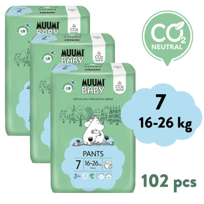 Jednorazové plienky Pants 7 XL 16-26 kg (102 ks), mesačné balenie Muumi Baby