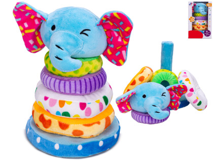 Pyramída slon 21 cm plyšová s pískatkom a krúžkami 4 ks 18 m+