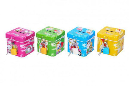 Pokladnička so zámkom plechová kocka 6,5 x 6 cm