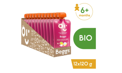 BIO Detská ryža s jogurtom, banánom, mangom a malinami (120 g) 12 ks Beggs
