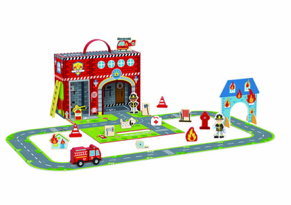 Požiarna stanica s dráhou v kufríku 18 ks Tooky Toy