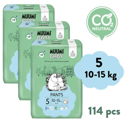 Jednorazové eko plienky Pants 5 Maxi+ 10-15 kg (114 ks), mesačné balenie Muumi baby