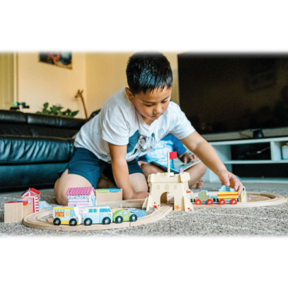 Drevená vláčikodráha Upratovanie pobrežia 70 dielov Bigjigs Rail