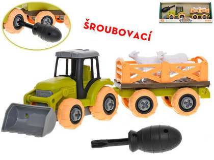 Traktor 28 cm šroubovací volný chod s vlečkou a ovečkami 2ks v krabičce