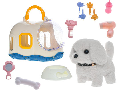 Psík plyšový 19 cm na batérie chodiace a štekajúce v prepravke