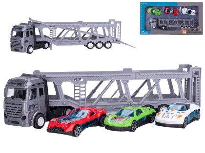 Prepravník áut 22 cm kov voľný chod s autami 3 ks