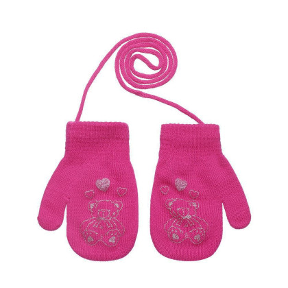 Pletené zimné rukavice so šnúrkou medvedík 3 - 6 rokov