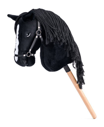 Hobby horse Cortez, čierny kôň na tyči, povrázková hriva