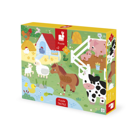 Puzzle dotykové senzorické Farma s rôznymi povrchmi 20 ks Janod