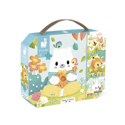 Pure Puzzle Zvieratká 4v1 v kufríku 6-9-12-16 ks Janod