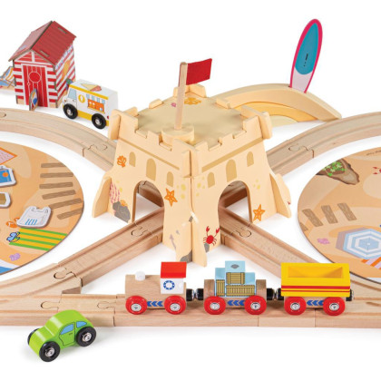 Drevená vláčikodráha Upratovanie pobrežia 70 dielov Bigjigs Rail
