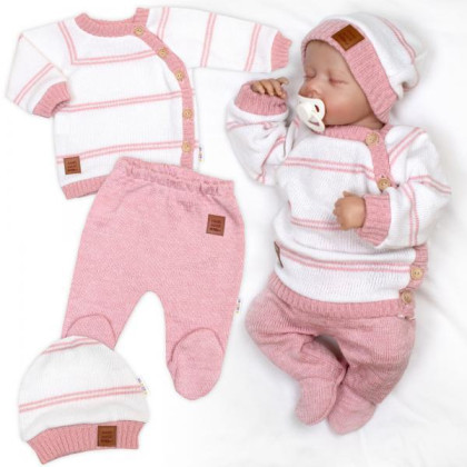 Pletená sada pre bábätko s jemným prúžkom 3dielna lux ružová - biela Baby Nellys