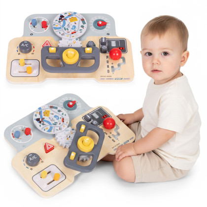 Montessori manipulačná doska pre deti - drevený panel s volantom a prepínačmi