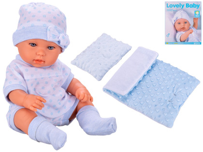 Bábätko tvrdé telo 33 cm modré s perinkami