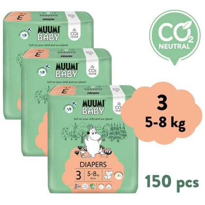 Jednorazové eko plienky 3 Midi 5–8 kg (150 ks), mesačné balenie Muumi Baby