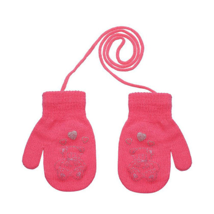 Pletené zimné rukavice so šnúrkou medvedík 3 - 6 rokov