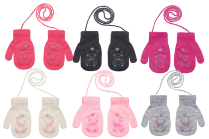 Pletené zimné rukavice so šnúrkou medvedík 3 - 6 rokov