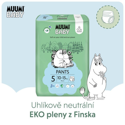 Jednorazové eko plienky Pants 5 Maxi+ 10-15 kg (114 ks), mesačné balenie Muumi baby
