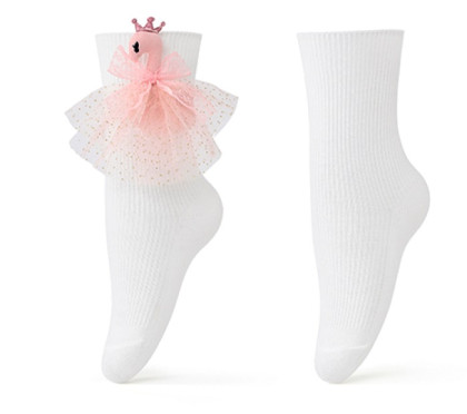 Biele slávnostné ponožky s tylovou ozdobou a labutou Vel. 24 - 29