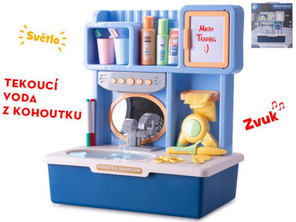 Umývadlo modré na batérie s tečúcou vodou so svetlom, zvukom a doplnkami 35x23x40cm
