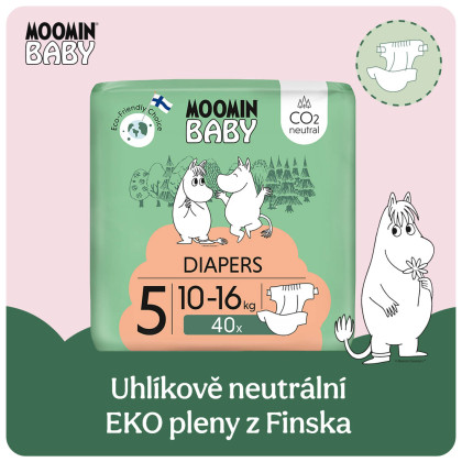 Jednorazové eko plienky 5 Maxi 10–16 kg (120 ks), mesačné balenie eko plienok Moomin Baby