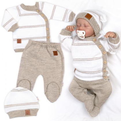Pletená sada pre bábätko s jemným prúžkom 3dielna lux béžová - biela Baby Nellys