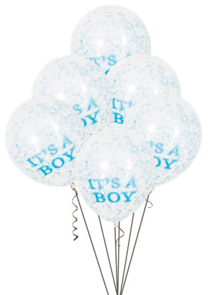 Balónik transparentný 30 cm potlač "It´s a boy" s modrými konfetami, 6 ks