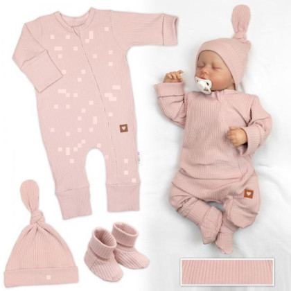 Rastúci rebrovaný overálok, čiapočka a topánočky Nature - ružová Baby Nellys