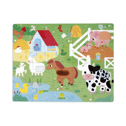 Puzzle dotykové senzorické Farma s rôznymi povrchmi 20 ks Janod