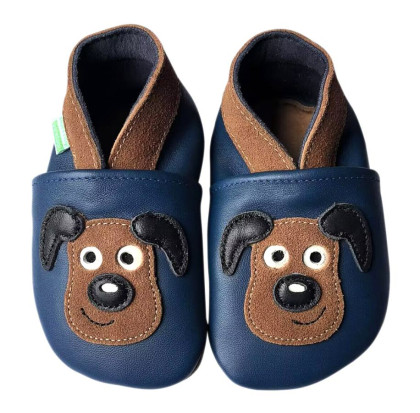 Kožené capáčky Barefoot Veľ. XXL (2-3 roky) Hopi Hop Psík na modrej