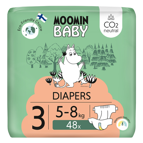 Jednorazové eko plienky 3 Midi 5–8 kg (144 ks), mesačné balenie eko plienok Moomin Baby