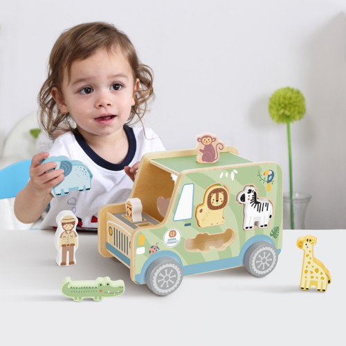 Drevená vkladačka Zvieratká Safari auto 9 ks Tooky Toy