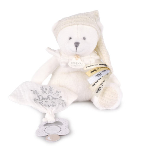 Darčeková sada Plyšový medvedík s úchytom na cumlík a dečkou béžový 20 cm Doudou