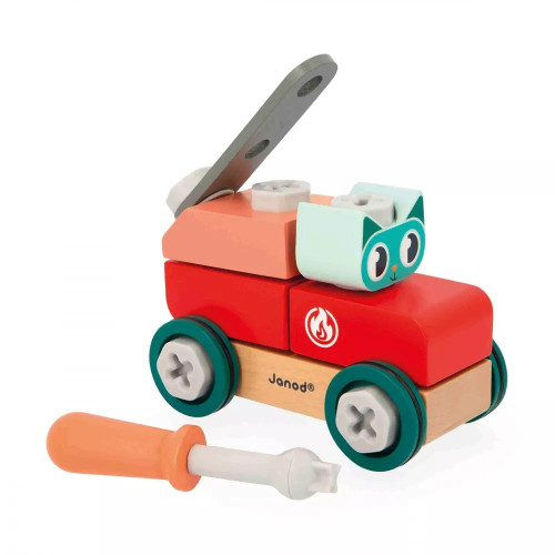 Drevená stavebnica BricoKids auto s náradím Mačka 28 ks Janod
