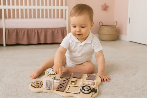 Drevená Montessori manipulačná senzorická tabuľa pre deti edukačný panel Macko