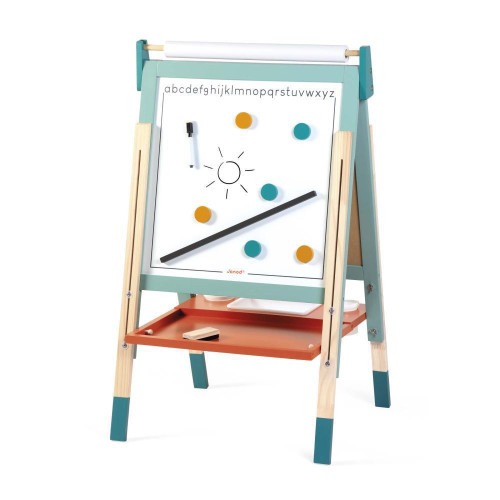 Obojstranná drevená magnetická tabuľa polohovateľná mentolová Janod